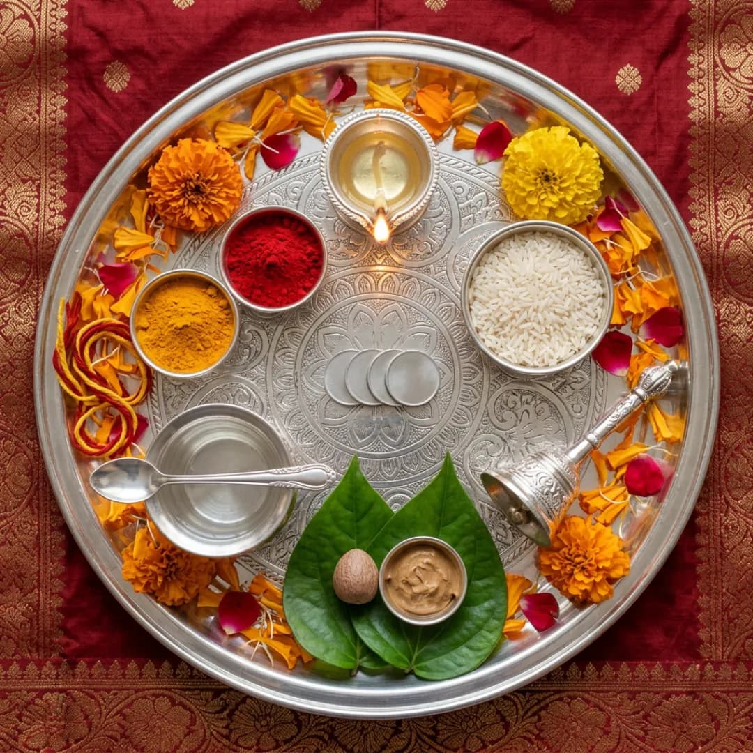 A full silver Lakshmi Puja thali seen from above, with diya, kalash, coins and flowers