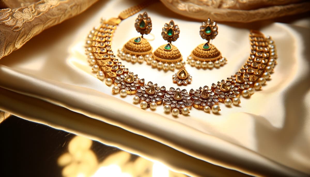 Gold bridal necklace with matching jhumka earrings laid on gold silk