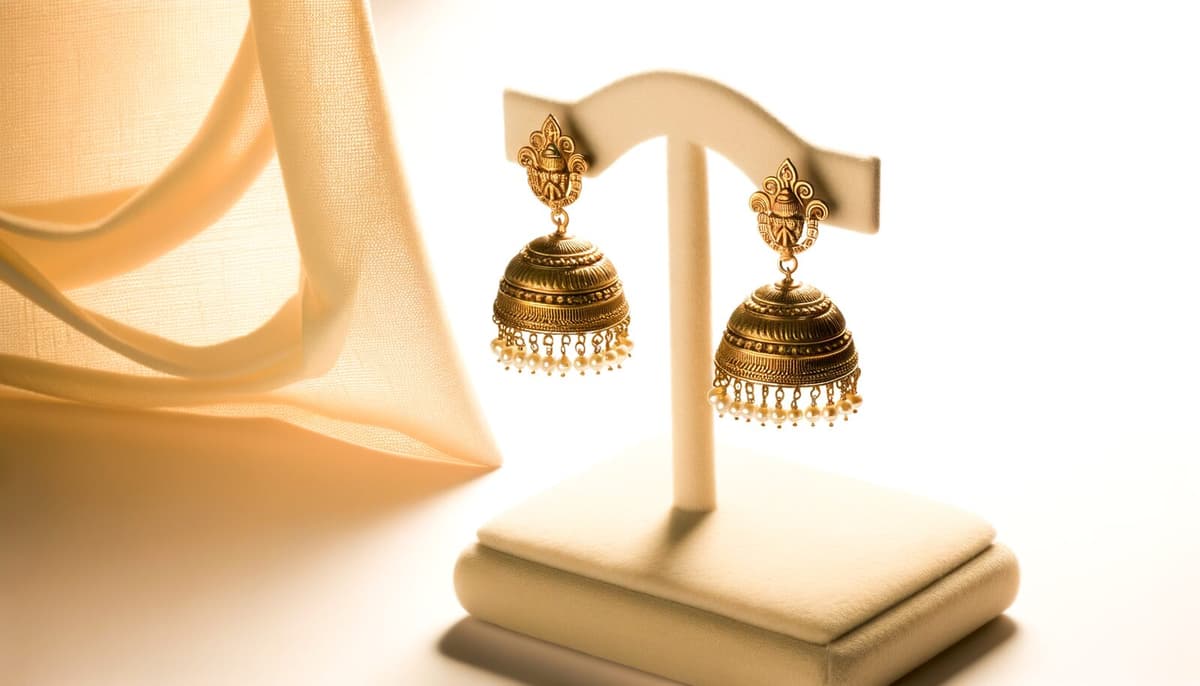 Pair of gold jhumka earrings hanging on a display stand
