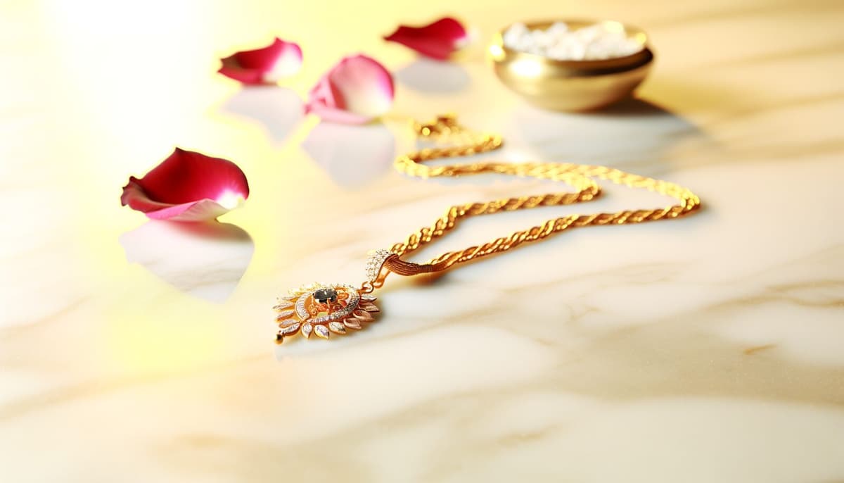Gold mangalsutra chain with a pendant, on marble with rose petals