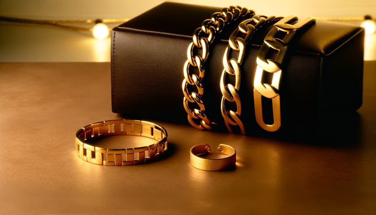 Men's gold kada and two chain bracelets on a dark display block